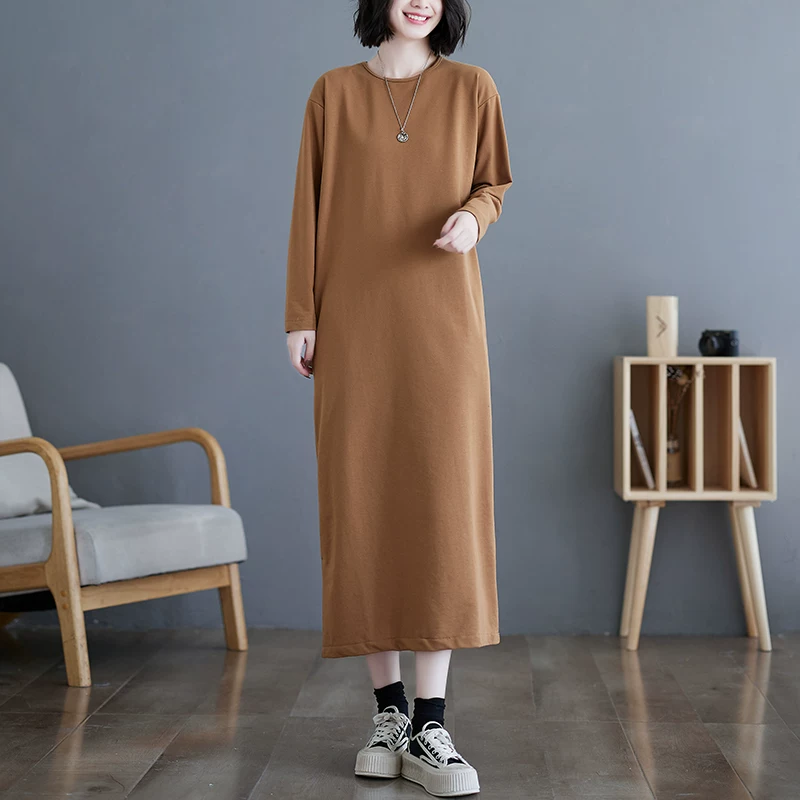 Váy áo thun dài quá đầu gối dành cho nữ, kiểu dáng mới thu đông, cỡ lớn, dáng rộng, tôn dáng, giản dị, tay dài, màu trơn, váy cơ bản.