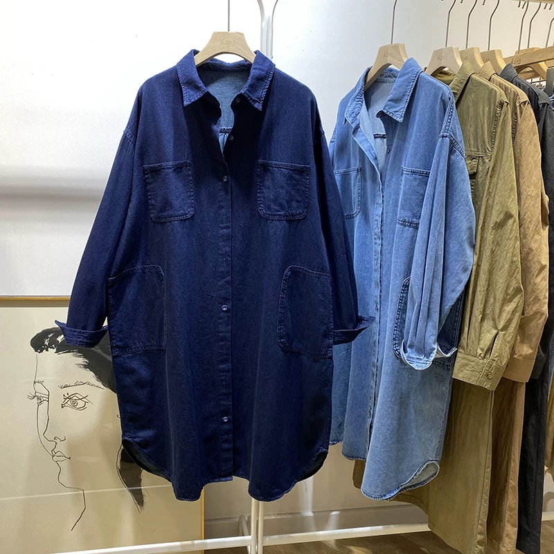 Quần áo nữ cỡ lớn mùa xuân 2026 thời trang mới sành điệu áo sơ mi denim hoàn toàn bằng cotton áo khoác dài vừa phải hợp thời trang