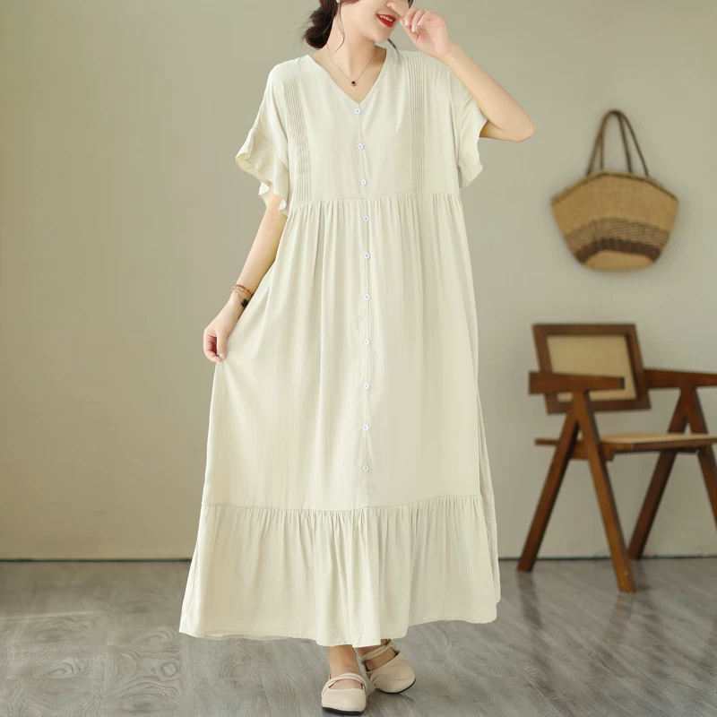 Đầm cao cấp size lớn cho nữ, mẫu mới hè 2025, cổ V, dáng rộng, tôn dáng, dài qua gối.