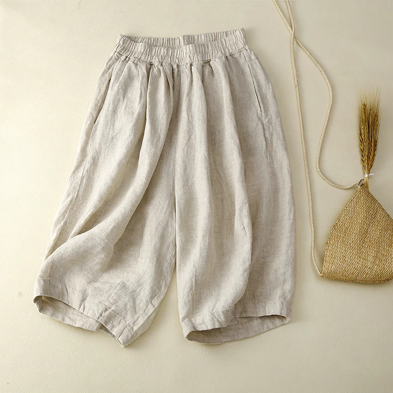 Quần short cotton và vải lanh cho nữ, dáng rộng mùa hè, cỡ lớn, đa năng, tôn dáng, phong cách thường ngày, quần ống rộng năm phần, quần dài vừa phải bằng vải lanh.