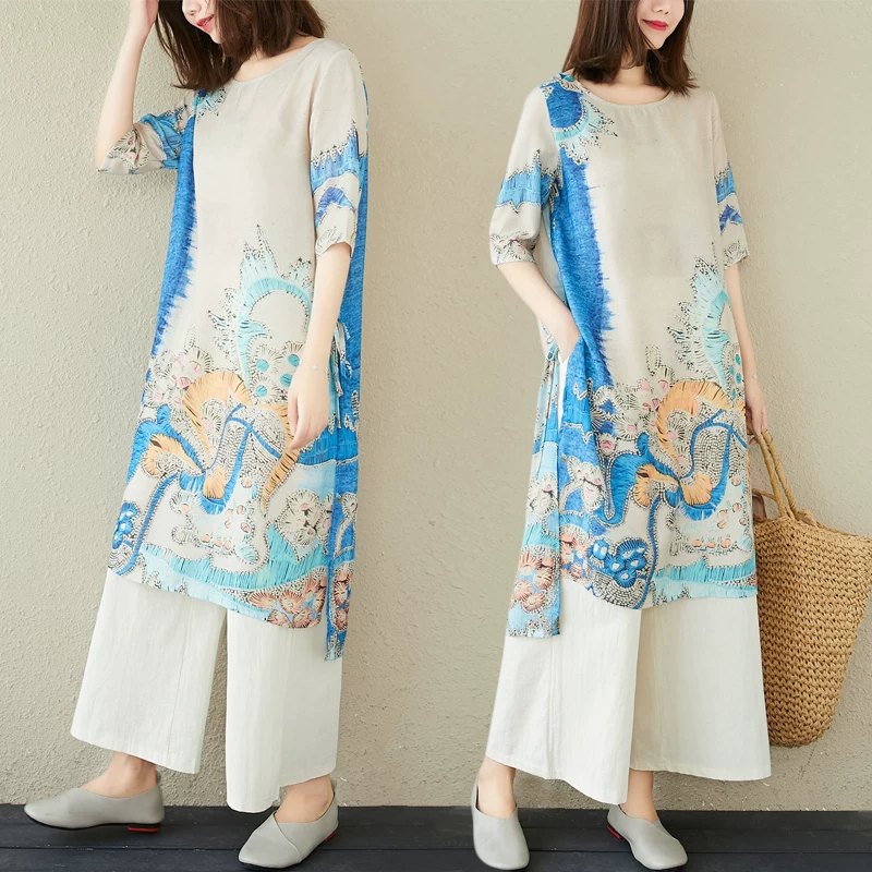Bộ đồ cotton linen retro mùa hè 2026, quần ống rộng, đầm xẻ tà in họa tiết, bộ hai mảnh thời trang dành cho nữ