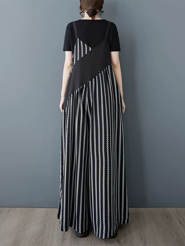 Bộ jumpsuit nữ thời trang hè 2025, kiểu rộng rãi, size lớn, in họa tiết, phong cách công sở, dễ thương, không tay, quần ống rộng