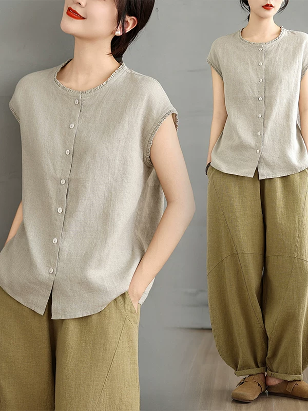 Áo kiểu nữ siêu thời trang và độc đáo, áo sơ mi không tay bèo nhún chất liệu cotton-linen mát mẻ mùa hè mới 2025.