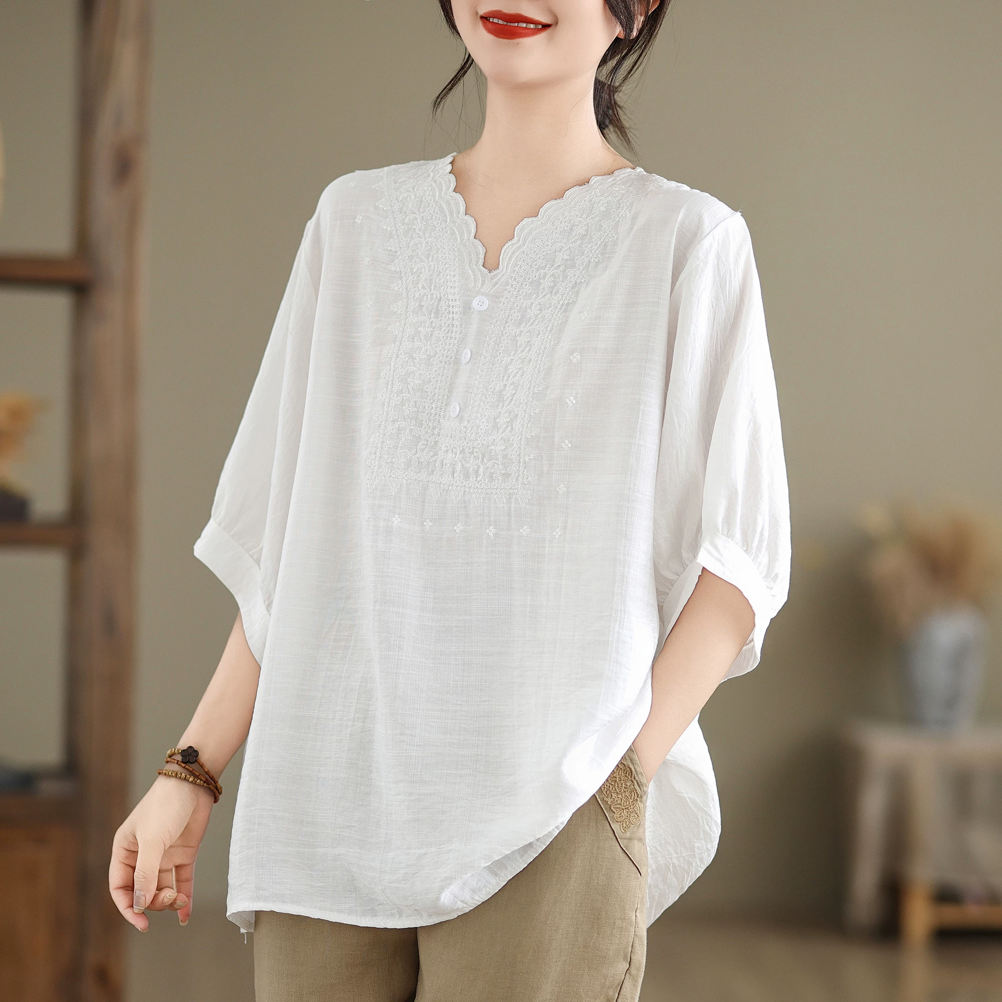 Áo thun nữ tay ngắn cổ tròn chất liệu cotton và lanh phong cách nghệ thuật, màu trơn, dáng rộng mùa hè, size lớn, tôn dáng cho người có đường cong, áo nửa tay.