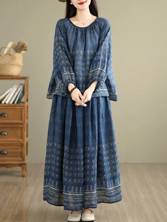 Bộ đồ hè nữ 2025 phong cách dân tộc cao cấp, áo kiểu casual, chân váy cạp cao dây rút, bộ hai mảnh