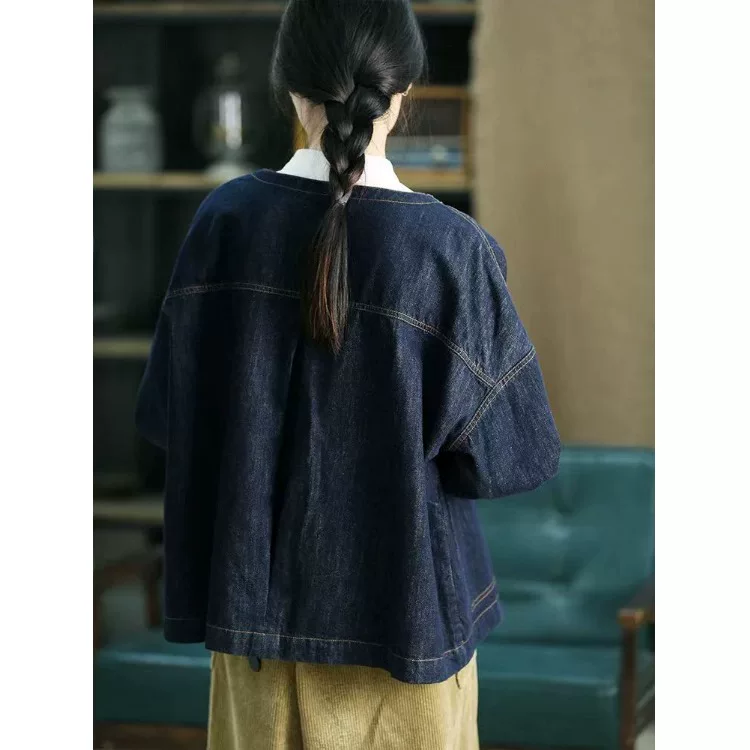 Áo khoác denim ngắn chất liệu cotton 100% kiểu vintage dành cho nữ, mẫu mới thu 2025, phối màu thời trang, áo khoác công sở thường ngày.