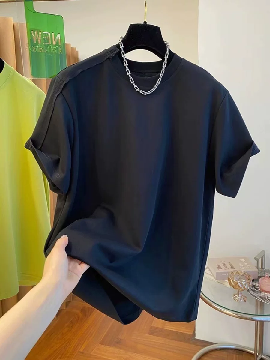 Áo thun nữ tay ngắn hè 2025 kiểu mới phong cách Hàn Quốc dáng rộng cao cấp chất liệu cotton nguyên chất áo lót màu tím