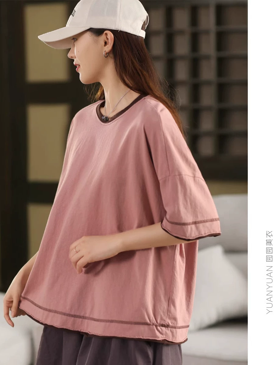 Áo thun cotton cổ tròn tay ngắn phối màu retro nữ mùa hè 2026, kiểu dáng rộng rãi, phong cách nghệ thuật, đa năng, áo thun chui đầu