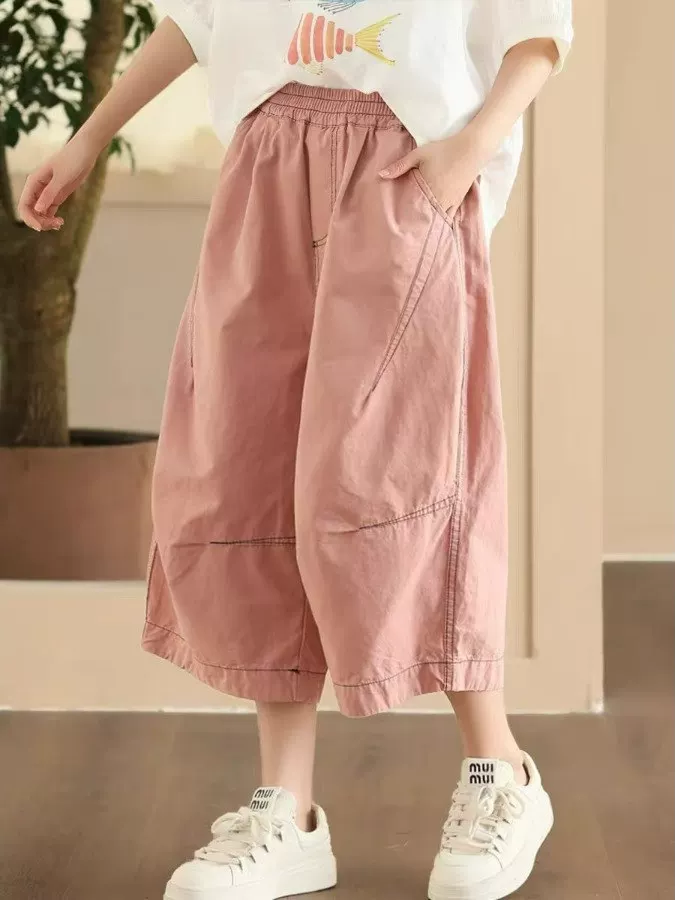 Quần cotton nữ cạp cao co giãn, kiểu retro phối vải, quần ống rộng thời trang với đường may nổi bật, quần lửng dáng rộng giúp thon gọn.