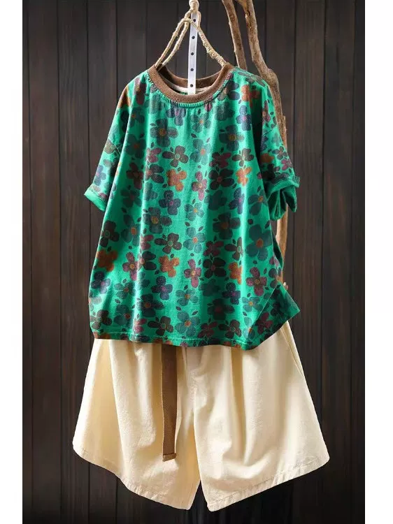 Áo thun nữ tay ngắn in họa tiết cotton nguyên chất kiểu mới hè 2026, áo kiểu rộng rãi, size lớn, chất liệu thoải mái che khuyết điểm.