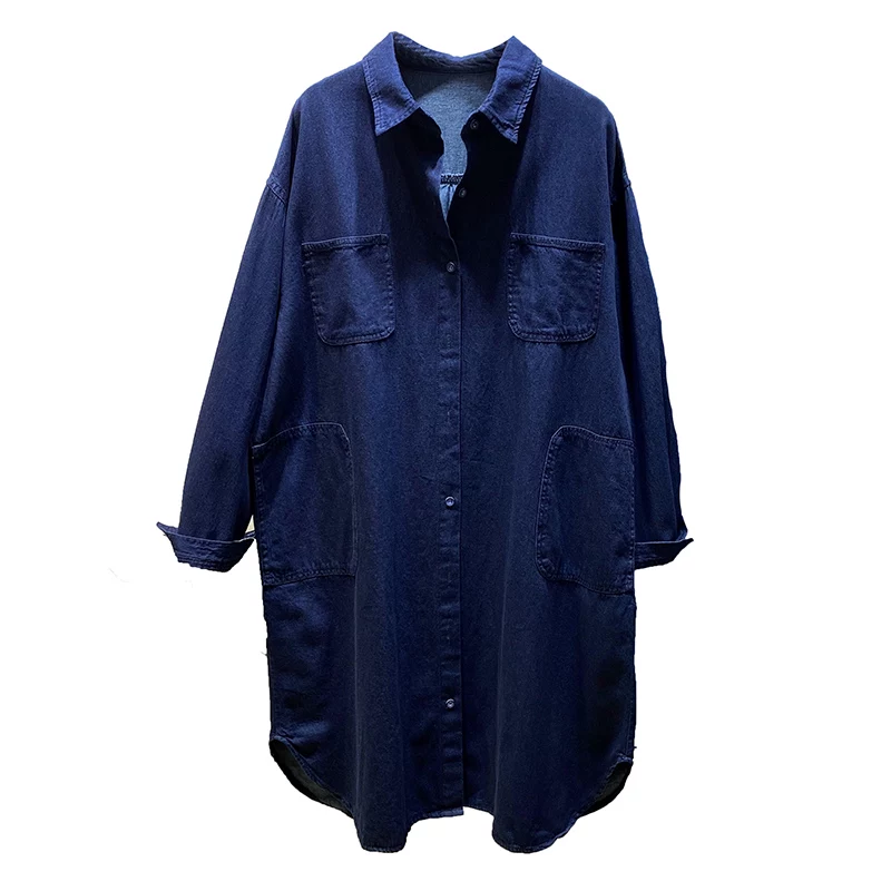 Quần áo nữ cỡ lớn mùa xuân 2026 thời trang mới sành điệu áo sơ mi denim hoàn toàn bằng cotton áo khoác dài vừa phải hợp thời trang