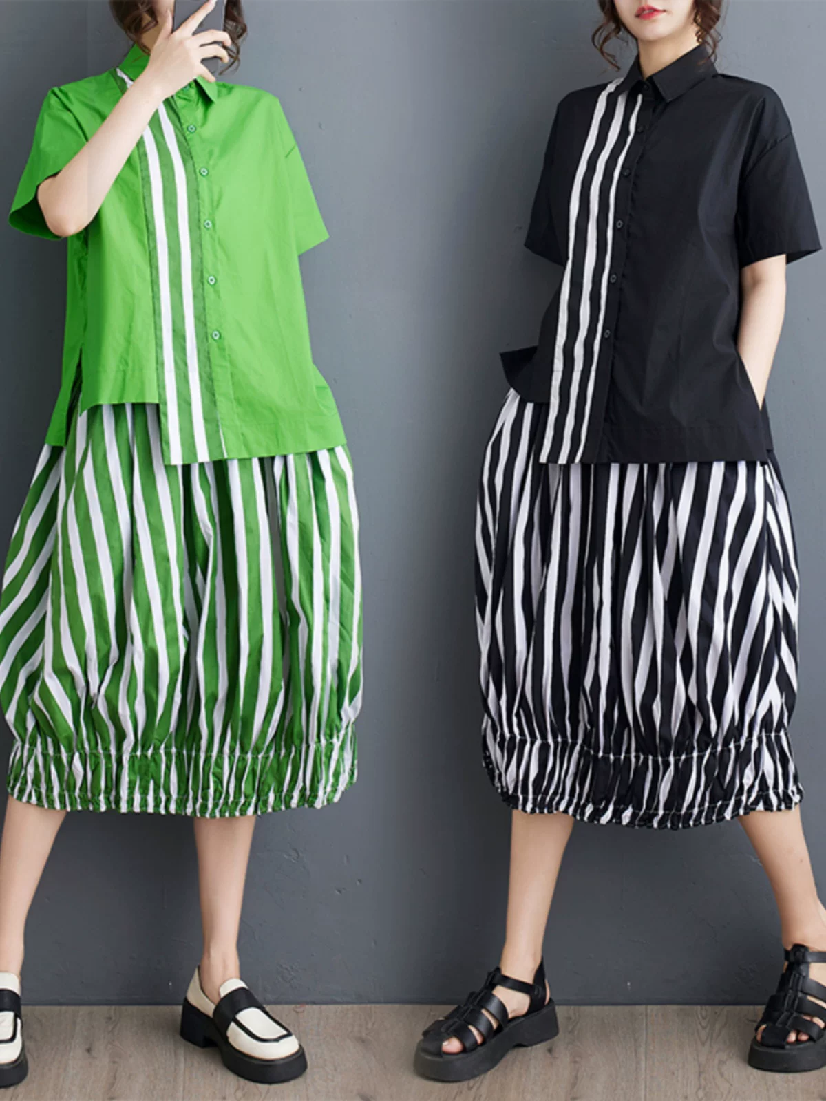 Bộ vest nữ mùa hè, phong cách cao cấp, mẫu mới 2025, áo sơ mi kẻ sọc phối màu, thiết kế độc đáo, bộ hai mảnh dáng rộng.
