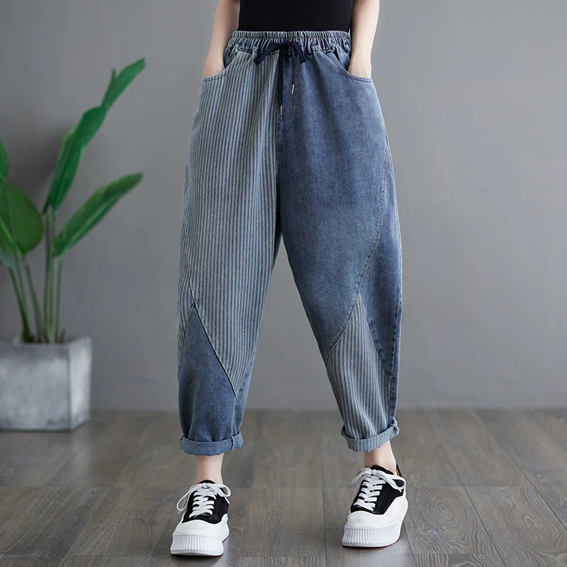 Quần denim chắp vá sọc dọc nghệ thuật dành cho nữ, phong cách Hàn Quốc mùa hè, cỡ lớn, dáng rộng, đa năng, cạp cao, dây rút, quần harem thon gọn.