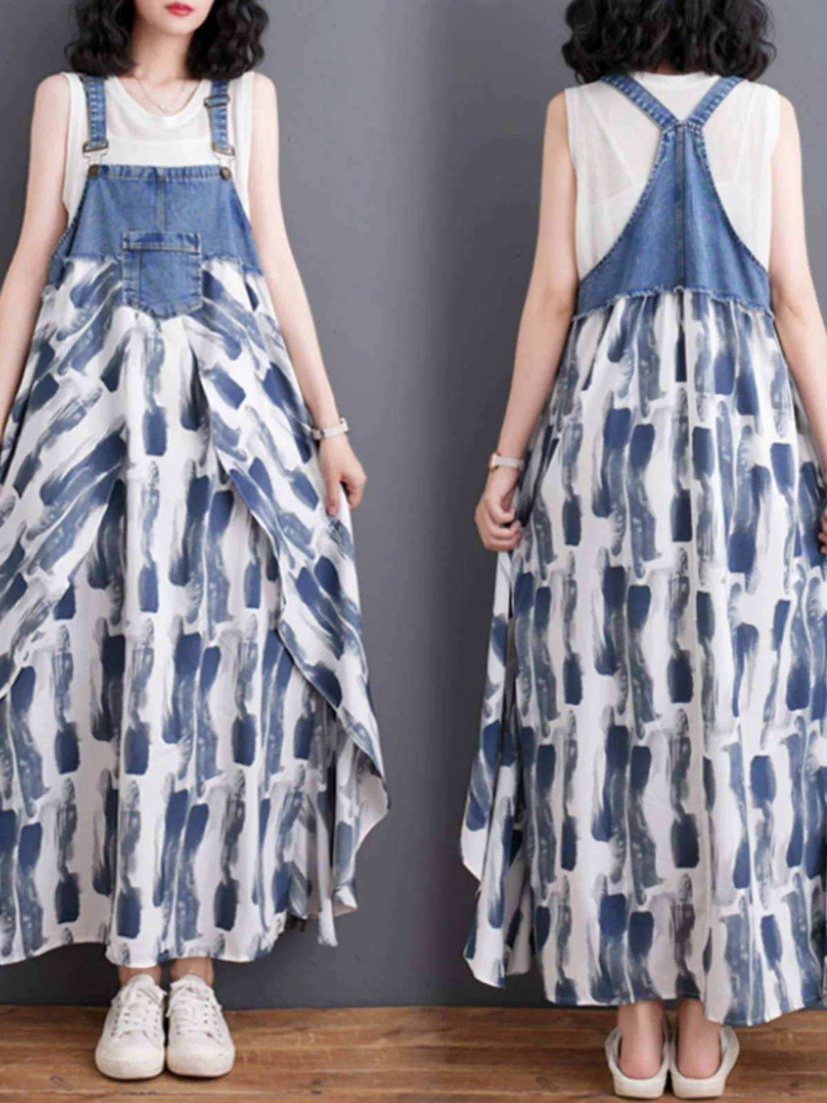 Váy liền thân denim voan xếp ly dáng rộng phong cách mới mùa hè 2026, thiết kế dây đeo, dài ngang đùi, đa năng và trẻ trung