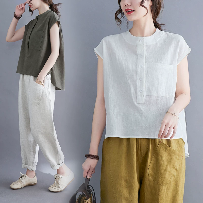 Áo sơ mi mùa hè cỡ lớn dành cho nữ, phong cách nghệ thuật và sành điệu, dáng rộng, cổ đứng, cỡ lớn, giảm tuổi tác, giảm béo, áo cotton-linen thông thường, hợp thời trang.