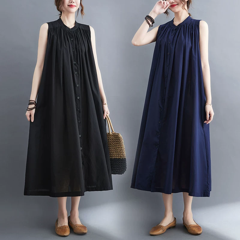 Đầm suông nữ size lớn mùa hè 2025 kiểu Hàn Quốc thời trang retro nghệ thuật chất liệu cotton 100% không tay dài