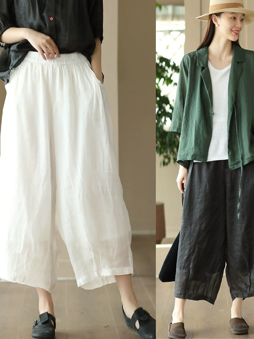 Quần/váy ngắn hai lớp bằng vải gai dầu dành cho nữ, quần ống rộng harem vải cotton-linen mỏng, dáng rộng, cạp cao, rủ mềm mại, giúp thon gọn dáng người, thích hợp cho mùa hè.