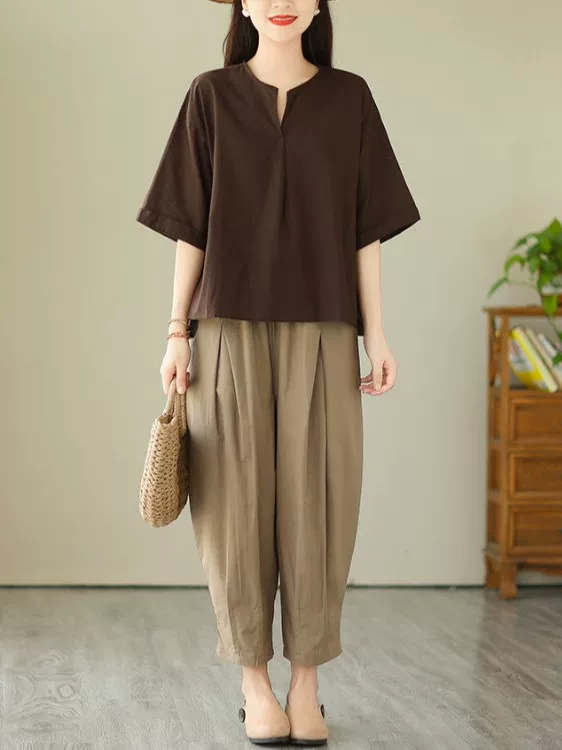 Bộ trang phục ngày Quốc tế Lao động thanh lịch và sành điệu dành cho nữ, bộ hai mảnh cotton và lanh thời trang retro mùa hè mới 2025, kiểu dáng thon gọn.
