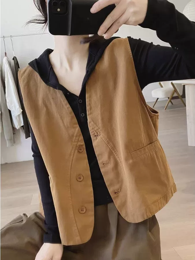 Áo khoác vest cotton cho nữ, kiểu dáng mới xuân thu, dáng rộng, cổ chữ V thon gọn, thiết kế đơn giản và độc đáo, áo vest công sở.