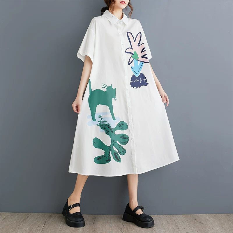 Váy áo sơ mi nữ thời trang plus size hè 2025 kiểu dáng rộng rãi, in họa tiết, phối vải, phong cách ngọt ngào, tay ngắn.