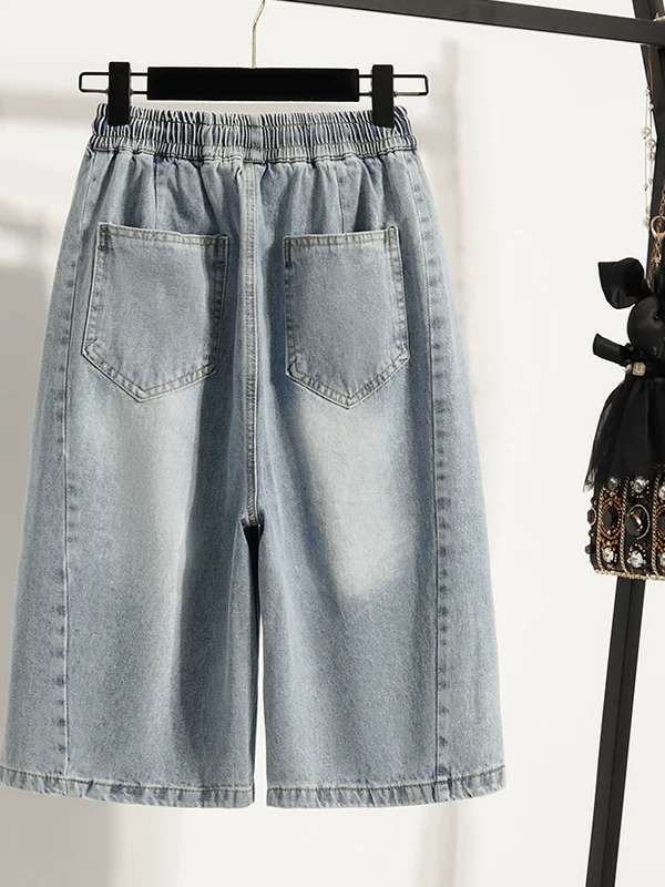 Quần short denim năm điểm phong cách Hàn Quốc màu xanh nhạt dành cho nữ, quần short thường ngày cạp cao có dây rút co giãn, cỡ lớn, mùa hè.