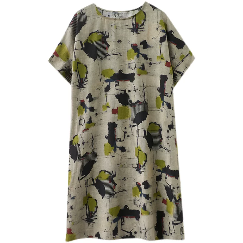 Váy cotton và lanh nữ, tay ngắn, kiểu dáng mùa hè 2026, thanh lịch, dài ngang đùi, phong cách retro dân tộc, in họa tiết, size lớn.