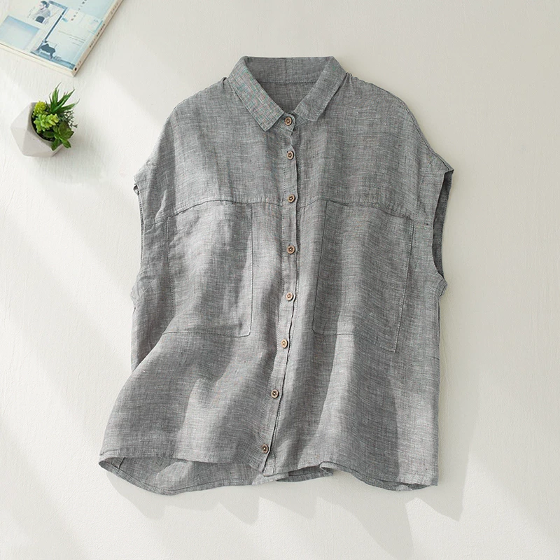 Áo sơ mi vest không tay chất liệu lanh cotton, kiểu dáng mới mùa hè 2026, thiết kế rộng rãi, phong cách nghệ thuật, màu trơn, cổ polo retro dành cho nữ