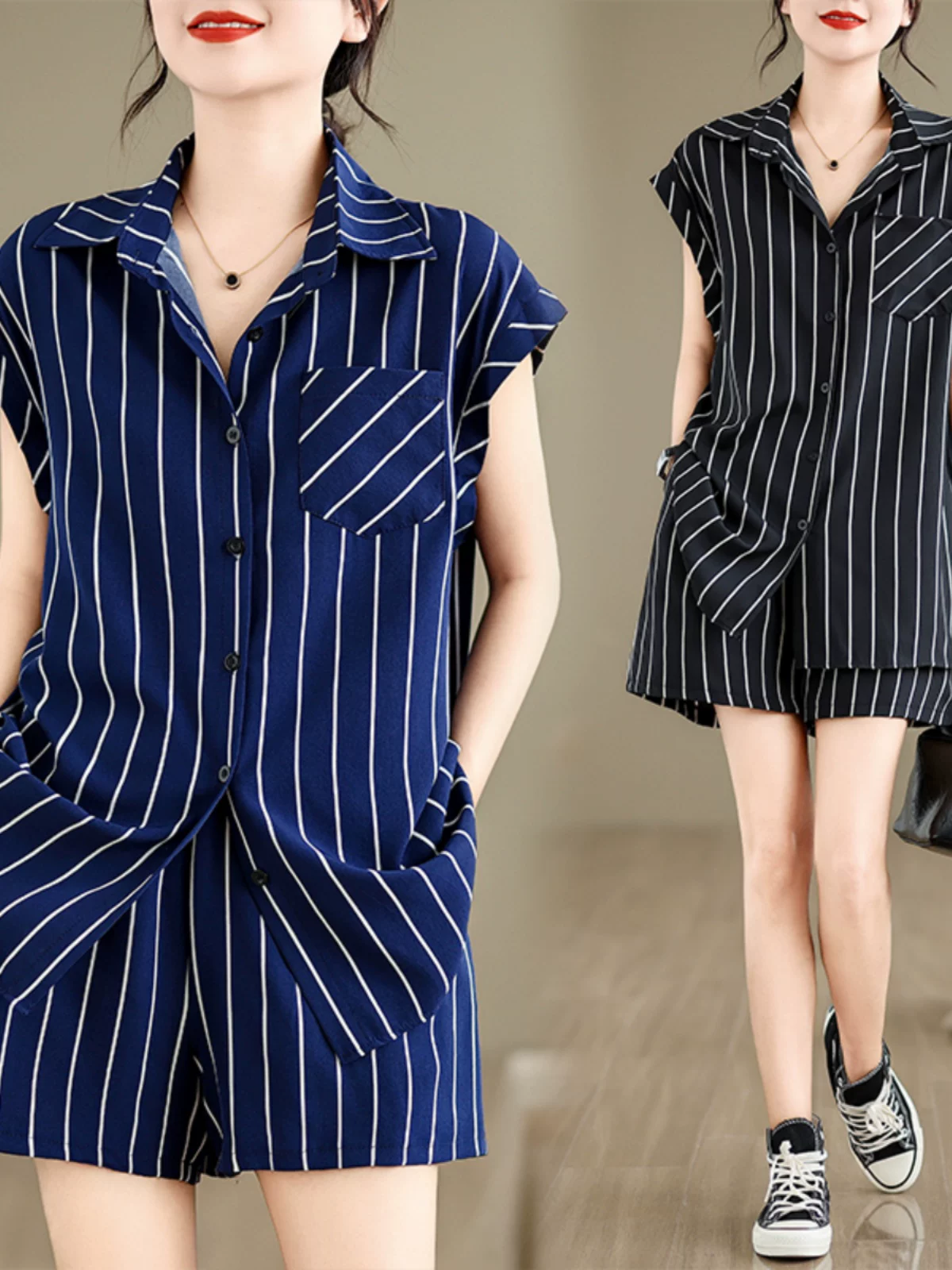 Bộ trang phục mùa hè thời trang phong cách châu Âu dành cho nữ: áo sơ mi kẻ sọc dài ngang eo, cổ trụ, phối cùng quần short ống rộng thoải mái, bộ hai món.