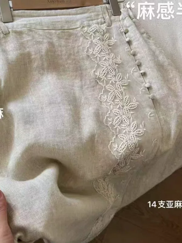 Váy xẻ tà phong cách nghệ thuật retro, viền ren Pháp đơn giản, chất liệu linen dành cho nữ, mẫu mới hè 2026