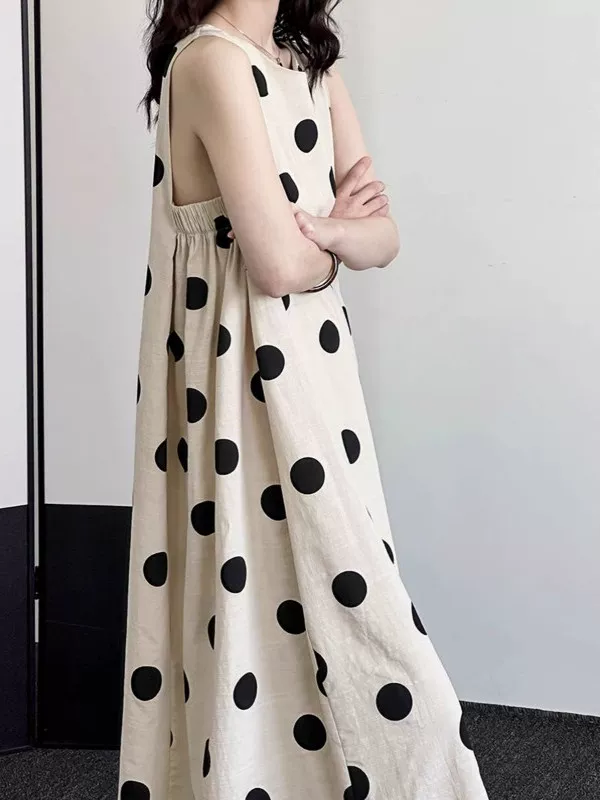 Váy cotton và lanh chấm bi nữ, kiểu Nhật mùa hè 2026 mới, phong cách lười biếng, không tay, dài, dáng suông, kiểu tank dress