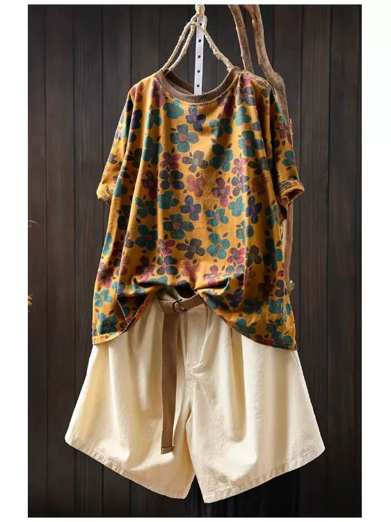 Áo thun nữ tay ngắn in họa tiết cotton nguyên chất kiểu mới hè 2026, áo kiểu rộng rãi, size lớn, chất liệu thoải mái che khuyết điểm.