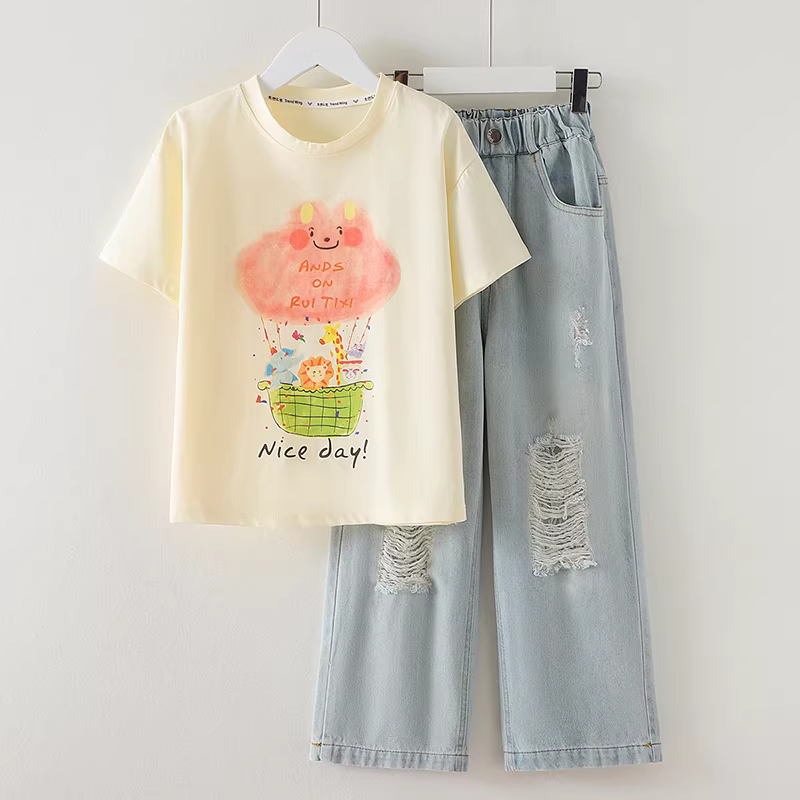 Áo thun ngắn tay mùa hè dành cho bé gái, áo dáng rộng giản dị sành điệu dành cho bé gái, quần áo mùa hè mỏng nửa tay in họa tiết dành cho bé gái lớn tuổi