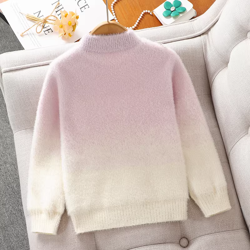 Áo len nhung lông chồn cho bé gái, quần áo mùa đông cho bé gái lớn, áo len dệt kim dày dặn lót lông cừu, áo len dệt kim kiểu mới mùa thu đông 2025