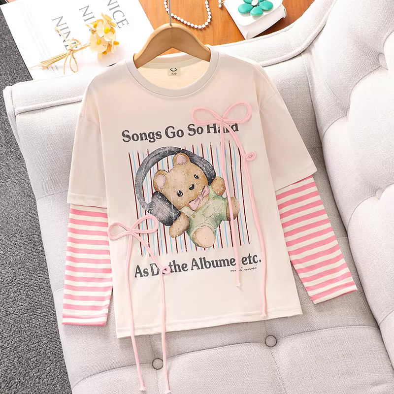 Áo thun sọc xuân hè 2025 kiểu mới cho bé gái, áo lót giả hai lớp tay dài, áo in hình xuân thu cho bé gái