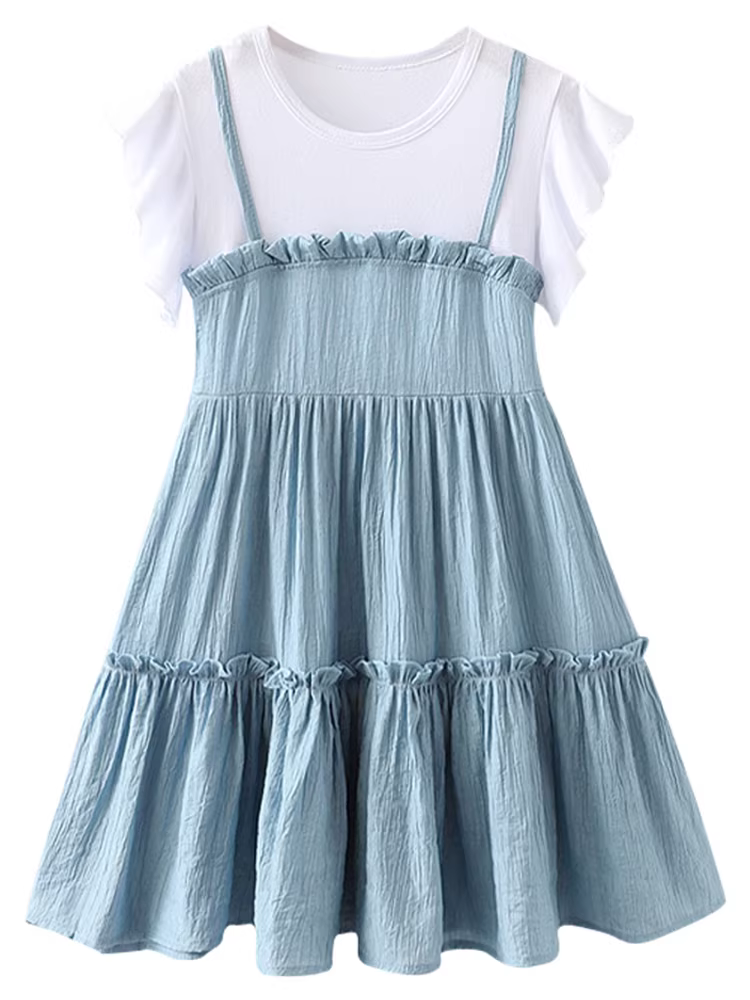 Váy bé gái hè 2025 chất liệu cotton nguyên chất, kiểu dáng thời trang, váy công chúa cho bé lớn, kiểu hai mảnh giả, váy ngắn