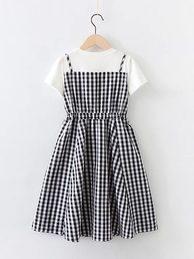 Váy kẻ caro mùa hè 2025 kiểu mới cho bé gái lớn, váy yếm thắt eo, váy giả hai mảnh có dây đeo cho trẻ em