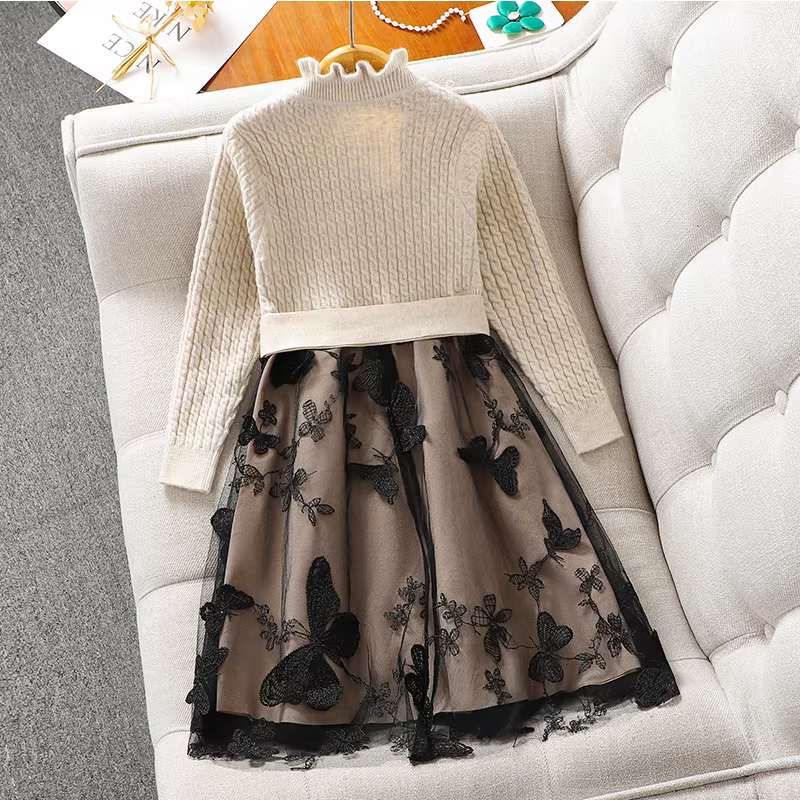 Váy xuân thu bé gái 2025 mới màu đen, váy công chúa dài tay, váy len, váy voan bé gái