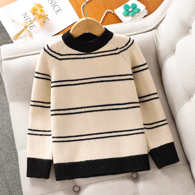 Áo thun kẻ sọc mùa đông cho bé gái, mẫu mới 2025 dày dặn ấm áp phong cách Hàn Quốc, áo len trẻ em thu đông