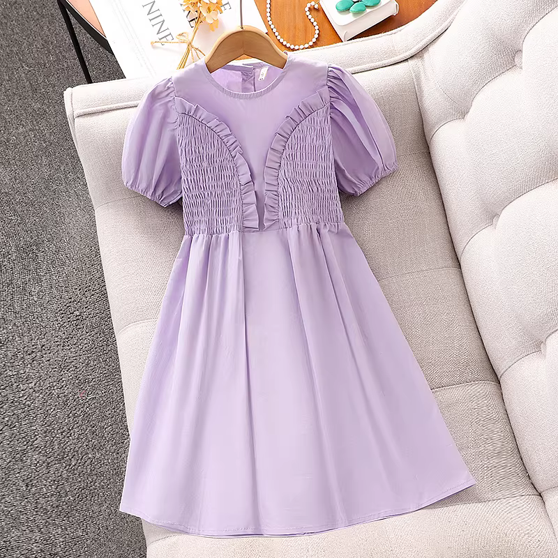 Váy hè cao cấp cho bé gái, váy hè trẻ em, váy chữ A ôm eo, váy công chúa tay phồng màu tím cho bé gái