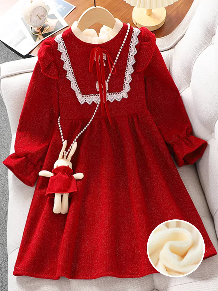 Váy mùa đông cho bé gái có lớp lót lông cừu, váy công chúa dày dặn, trang phục năm mới sành điệu cho trẻ em, váy lễ hội màu đỏ cho trẻ lớn.
