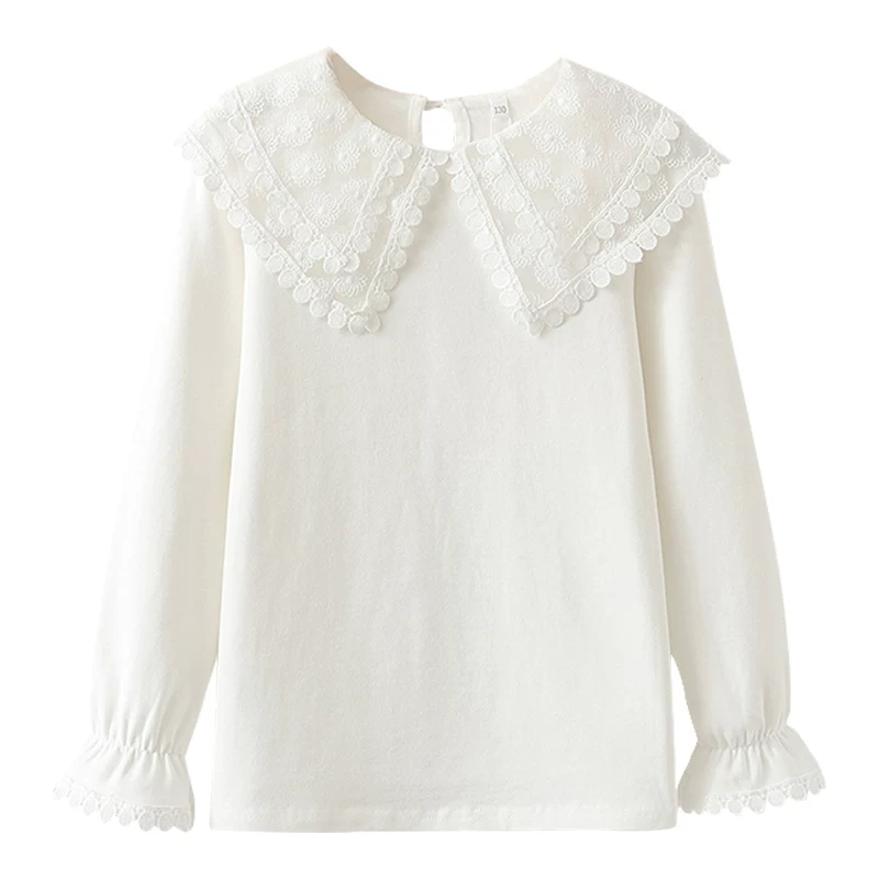 Áo lót bé gái cho mùa xuân và mùa thu, áo trắng cổ búp bê cho trẻ em, chất liệu cotton nguyên chất có lông cừu, áo thun dài tay cho trẻ lớn, mùa thu đông.