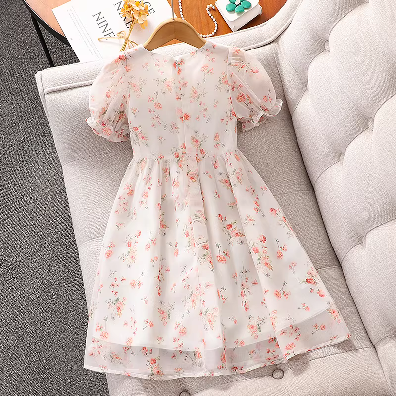Váy voan mùa hè bé gái 2025 mẫu mới, váy ngắn tay họa tiết hoa, váy mùa hè mỏng, váy công chúa bé gái