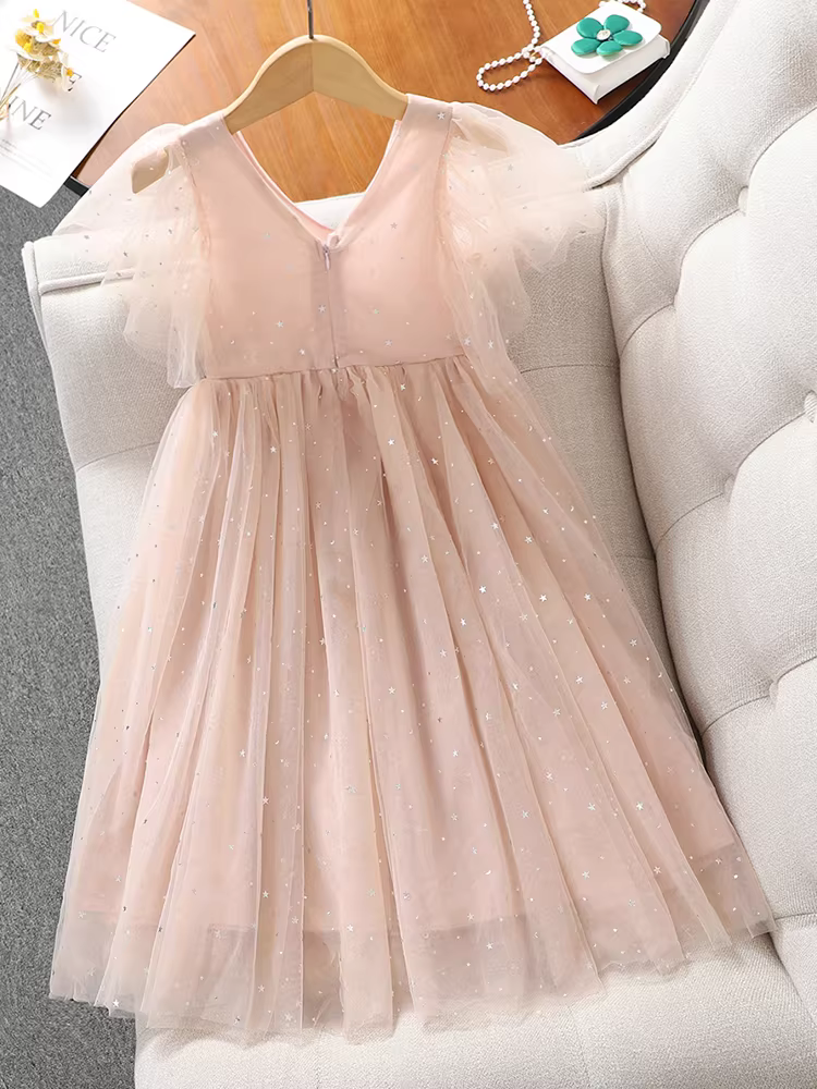 Váy bé gái mùa hè 2025 kiểu mới, váy công chúa cổ V, váy tutu trắng, váy mùa hè trẻ em