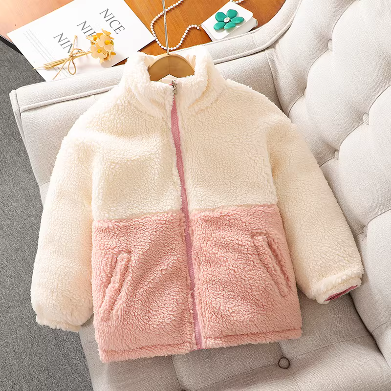 Áo khoác cotton có thể đảo ngược dành cho bé gái, quần áo mùa thu đông, áo khoác ngoài dày dặn ấm áp cho trẻ em, áo khoác nhung phối màu thời trang cho bé gái