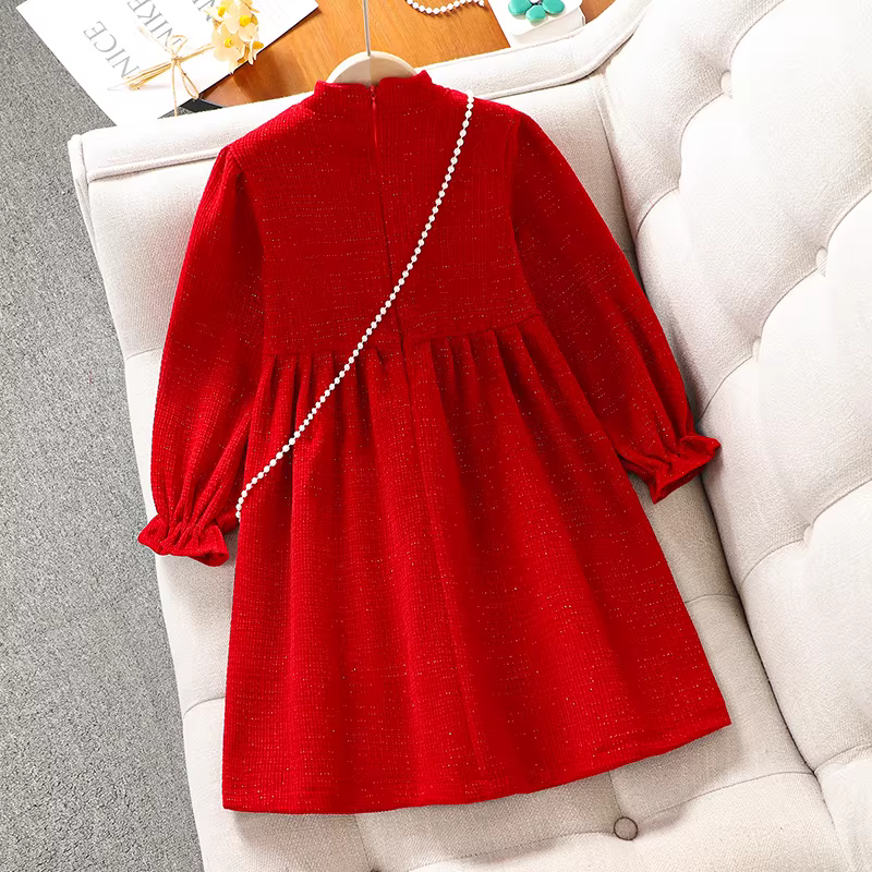 Trang phục năm mới của bé gái Váy kiểu Trung Quốc Váy công chúa màu đỏ mùa đông dành cho trẻ em có lông cừu Quần áo năm mới