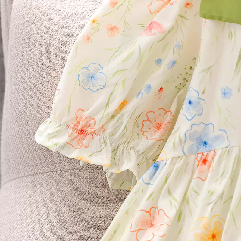 Váy hoa bé gái hè 2025 kiểu mới, váy bồng tay bồng nơ, váy hè công chúa cho bé