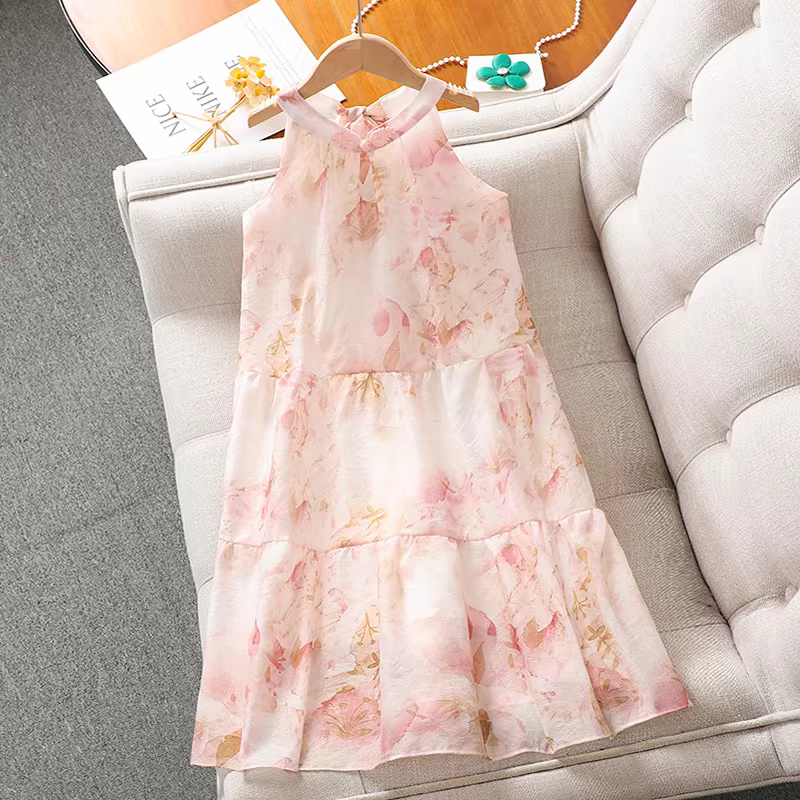 Váy hoa mùa hè cho bé gái 2025 kiểu mới, phong cách dễ thương, kiểu công chúa, váy mùa hè không tay, kiểu áo vest