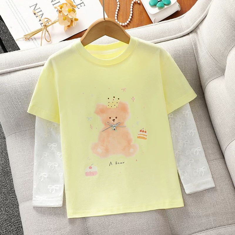 Bộ váy bánh bèo mùa hè cho bé gái, áo thun tay dài phối ren chống nắng phong cách giản dị và chân váy hai mảnh dành cho bé gái lớn tuổi.