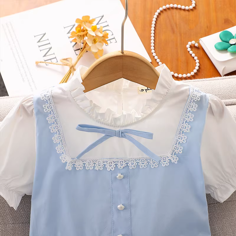 Váy hai mảnh giả kiểu hè 2025 dành cho bé gái, kiểu dáng mới, phong cách học sinh, váy công chúa mỏng cho trẻ em