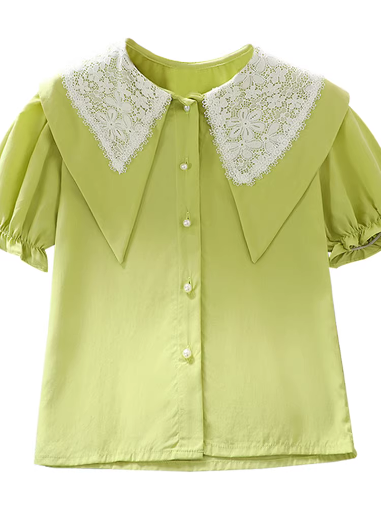 Áo sơ mi ngắn tay mùa hè 2025 kiểu mới cho bé gái, áo voan cổ búp bê, áo kiểu cách tay bồng cho bé lớn